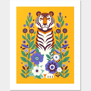 Serene tiger in blooming garden - gold yellow Posters and Art